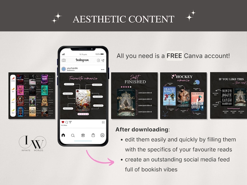 May include: Aesthetic content social media templates for Instagram, featuring book covers and the text "Favorite romance". The image includes a smartphone displaying a template and the text "All you need is a FREE Canva account!"