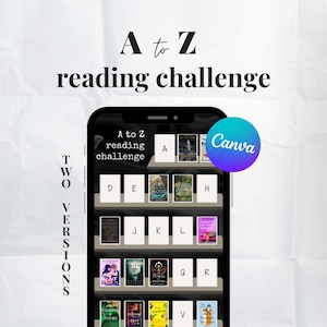 May include: A smartphone screen displaying an "A to Z reading challenge" graphic. The screen shows a bookshelf with book covers, each labeled with a letter. The Canva logo is visible. The words "TWO VERSIONS" are on the left side of the image.