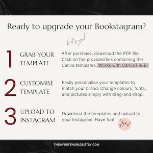May include: A graphic with three steps to upgrade your Bookstagram. Step 1: Grab your template. Step 2: Customize template. Step 3: Upload to Instagram. The graphic has a black background with white text and red numbers.