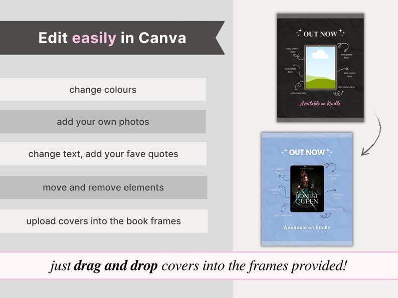 May include: Image showcasing Canva's editing features. Text highlights options: change colors, add photos, change text, move elements, and upload covers. Two mockups display book covers with "OUT NOW" text. "Available on Kindle" is also displayed.