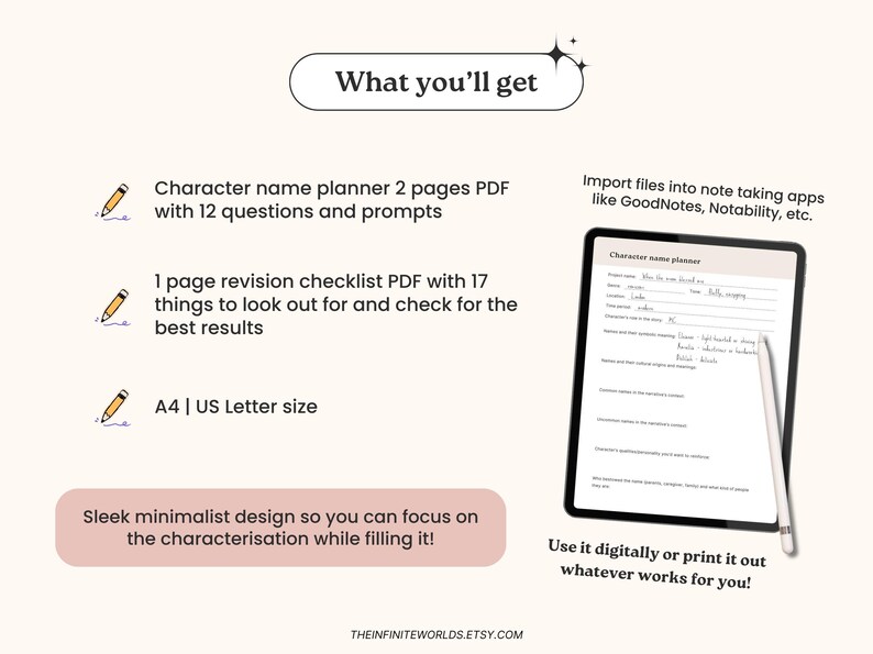May include: A digital download of a character name planner and revision checklist. The planner is a two-page PDF with 12 questions and prompts to help you brainstorm character names. The checklist is a one-page PDF with 17 things to look out for and check for the best results. The planner and checklist are designed to be used digitally or printed out. The image shows a screenshot of the planner with the text "Character name planner" at the top.