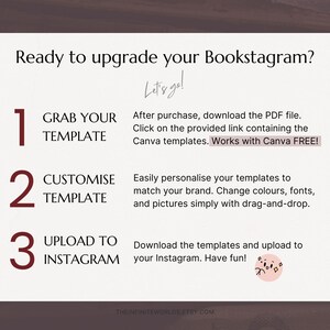 以下が含まれることがあります： Bookstagram をアップグレードするための 3 つのステップを示した白と赤のグラフィック。ステップ 1: テンプレートを取得します。ステップ 2: テンプレートをカスタマイズします。ステップ 3: Instagram にアップロードします。グラフィックには、「Let's go!」と「Canva で無料で使用できます！」というテキストが含まれています。