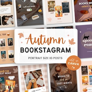 May include: A digital template collection titled Autumn Bookstagram featuring various portrait-sized social media post layouts. The designs include text overlays, autumn-themed graphics like leaves, pumpkins, and book covers, all editable in Canva.