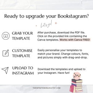 May include: White graphic with text: "Ready to upgrade your Bookstagram?" and "Let's go!" with instructions to grab, customize, and upload templates to Instagram. Includes a stack of books with a cute character.