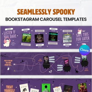 May include: A set of purple digital carousel templates for social media featuring spooky graphics like ghosts, cauldrons, and bats. The text includes SEAMLESSLY SPOOKY BOOKSTAGRAM CAROUSEL TEMPLATES, LISTEN IF YOU DARE, SAVE THIS FOR LATER, and TREAT YOURSELF.