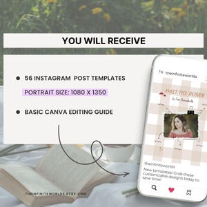 May include: Image shows a smartphone displaying an Instagram post template with a photo and text. The text reads "Meet the Reader". A list on the left states "56 Instagram Post Templates" and "Basic Canva Editing Guide". The website is theinfiniteworlds.etsy.com.