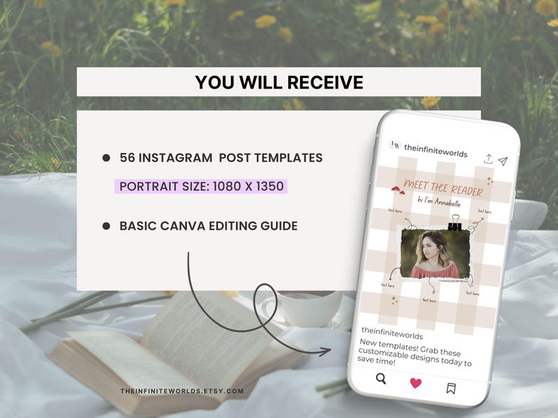 May include: Image shows a smartphone displaying an Instagram post template with a photo and text. The text reads "Meet the Reader". A list on the left states "56 Instagram Post Templates" and "Basic Canva Editing Guide". The website is theinfiniteworlds.etsy.com.