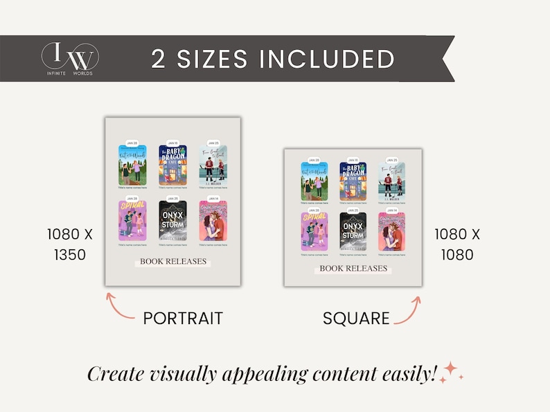 Puede incluir: Dos maquetas de un gr&aacute;fico de redes sociales que muestra portadas de libros para una serie de libros. El gr&aacute;fico est&aacute; etiquetado como "Book Releases" y est&aacute; disponible en formatos retrato y cuadrado. El formato retrato es de 1080 x 1350 p&iacute;xeles y el formato cuadrado es de 1080 x 1080 p&iacute;xeles.