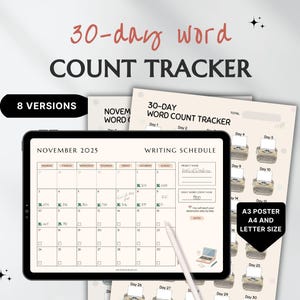 Puede incluir: Una tableta digital muestra un calendario de noviembre de 2025 con un programa de escritura, acompañada de un bolígrafo. La imagen también muestra un contador de palabras de 30 días y un póster con ilustraciones de máquinas de escribir. El texto dice "30-day word count tracker" y "8 versions."