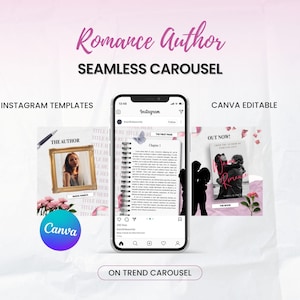 May include: A digital graphic promoting a "Romance Author" theme, featuring Instagram templates and Canva editable designs. The image includes a smartphone mockup displaying a book page and a book cover.