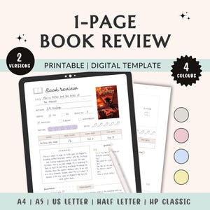 May include: Printable book review template with two versions and four color options. The template includes sections for title, author, rating, genre, and a summary of the book. The template also includes a section for thoughts and a cover page.