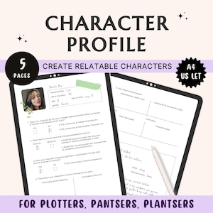 以下が含まれることがあります： 白黒のデザインの印刷可能なキャラクタープロフィールワークシート。ワークシートのタイトルは「キャラクタープロフィール」で、キャラクター情報、個性、変容に関するセクションが含まれています。「共感できるキャラクターを作成する」というテキストも含まれています。このワークシートは、作家やストーリーテラーのために設計されています。