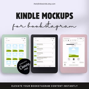 May include: Three digital e-reader mockups in sage green, black, and light pink. The screens display interface layouts with book cover placeholders and text. A black circular badge reads Works with Canva Free. Text includes KINDLE MOCKUPS.