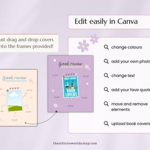 May include: A digital template for book reviews, featuring a light purple and beige color scheme. The design includes placeholders for book covers, star ratings, and the text "Book review." Instructions state to "Edit easily in Canva."