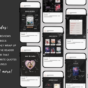 May include: A collage of Instagram posts featuring book reviews, recommendations, and other content related to reading. The posts are displayed on a black background with white text and graphics. The text includes "Book Reviews", "Book Recs", "Monthly Wrap Up", "Meet the Reader", "This or That", "Favourite Quotes", "Carousels", and "...and more!"
