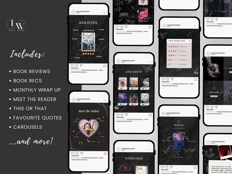 May include: A collage of Instagram posts featuring book reviews, recommendations, and other content related to reading. The posts are displayed on a black background with white text and graphics. The text includes "Book Reviews", "Book Recs", "Monthly Wrap Up", "Meet the Reader", "This or That", "Favourite Quotes", "Carousels", and "...and more!"
