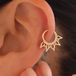 14k Solid Gold Lotus Daith Clicker, Helix Cartilage Hoop Earring, Floral Tragus Hinge Piercing, Bohemian CZ Jewelry Gift for Her