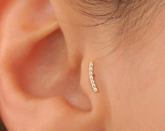 14K Rose Gold Curved Bar CZ Stud Earring: Tragus, Helix, Conch