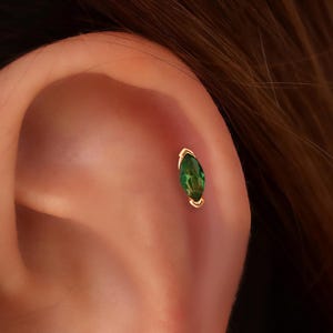 14K Solid Gold Marquise Emerald Ruby Stud Earrings, Screw Back Piercing Jewelry