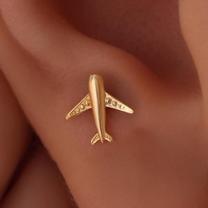 Piercing a forma di aereo in oro massiccio 14 carati - Orecchino a perno a forma di aereo, chiusura a vite