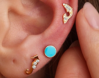 14K Solid Gold Seahorse Piercing, Ocean Fish Stud, Cartilage Helix Earring, Summer Ear Stack