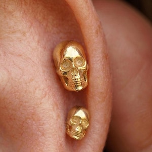 Peut inclure: Deux boucles d'oreilles clous en forme de crâne dorées sont présentées dans une oreille. Les boucles d'oreilles sont petites, détaillées et ont une finition polie. Les crânes ont des orbites, une cavité nasale et des dents. Un accessoire unique et audacieux.