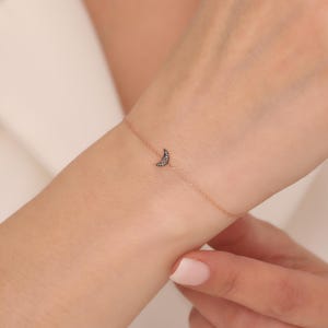 14K Solid Gold Crescent Moon Bracelet, Dainty Diamond Bracelet, Celestial Jewelry for Women, Minimalist Gold Bracelet, Luxury Gift for Her