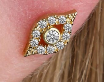 Piercing all'occhio di Allah in oro massiccio 14 carati, piccolo orecchino a perno per elice con zirconi cubici, orecchino per cartilagine, occhio e trago.