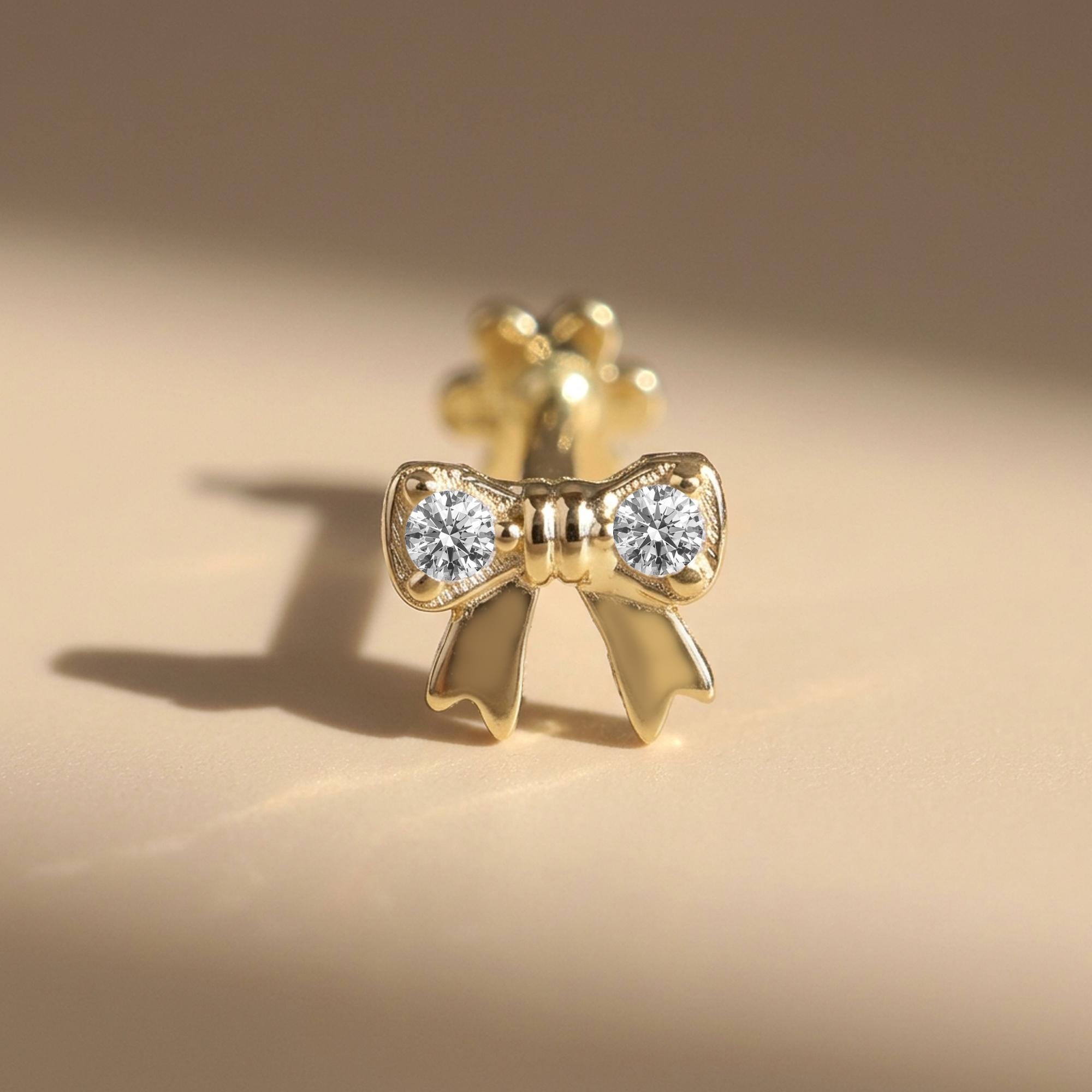 14K Solid Gold Bow Piercing, CZ Ribbon Cartilage Stud, Flat Back Helix Tragus Earring