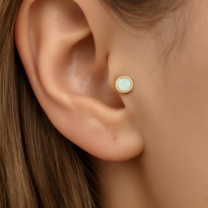 14k Solid Gold Opal Stud Earring, Bezel Cartilage Piercing, Helix Conch Tragus Labret, Dainty Flat Back Screw, October Birthstone Earring
