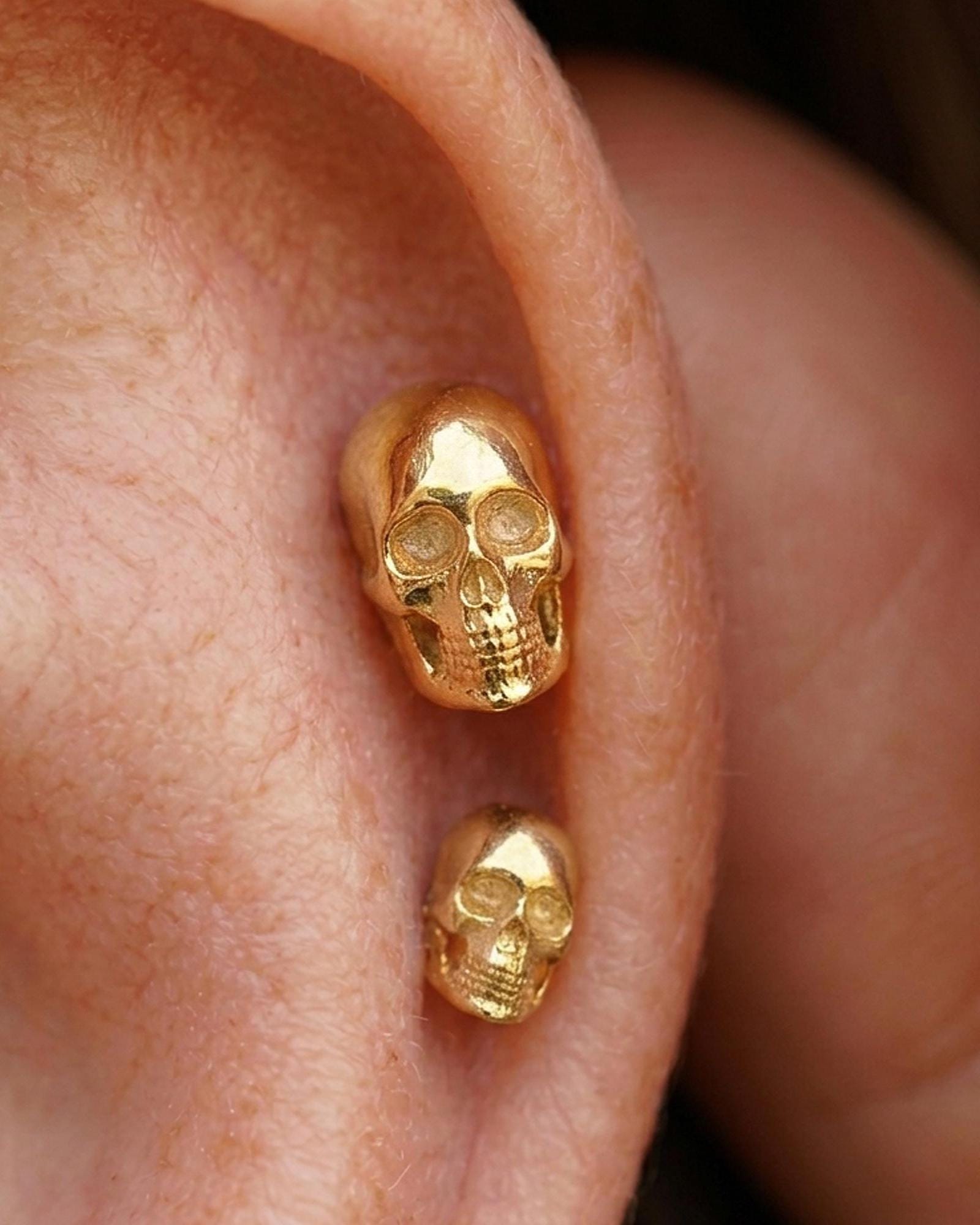 14K Solid Gold Skull Piercing - Tiny Skull Stud, Minimal Gothic…