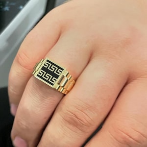 Greek Key 14k Solid Gold Ring | Black Enamel Geometric Signet Ring for Men | Gothic Statement Jewelry |  Bold Gold Ring Best | Dad Gift