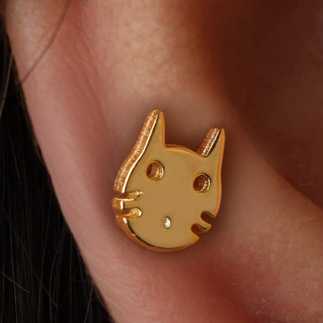 14K Solid Gold Cat Piercing, Flat Back Cartilage Stud, Helix Tragus ...