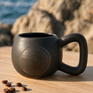 May include: A black ceramic mug with a rounded body and a large, curved handle. The mug features a circular, textured design on its front. Several coffee beans are scattered near the base of the mug, suggesting its use for coffee or tea.