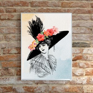 Vintage Woman Portrait Print: Elegant Floral Hat, Retro Home Decor (Digital Download)