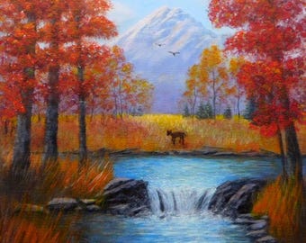 Colorful Autumn Trees, Lake, Waterfall, and Deer.
