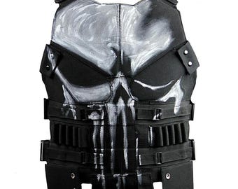 Punisher Skull Tactical Vest, Real Leather Biker Armor Cosplay Costume