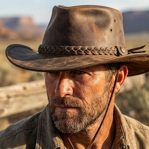 Robuster Australian Hat aus braunem Leder Buschhüte - Cowboy faltbare Distressed Cattleman Kopfbedeckung Wombat