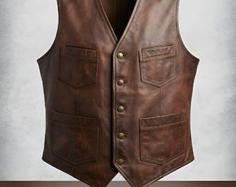 Brown Leather Vest Men | Vintage Western Cowboy Waistcoat | Genuine Biker Vest Sleeveless Jacket | Gift