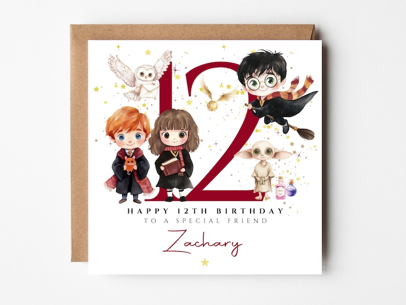 May include: A birthday card featuring illustrations of characters from a fantasy series. The card includes the number 12 in burgundy, the text "Happy 12th Birthday to a special friend" and a name. The card is on a brown envelope.