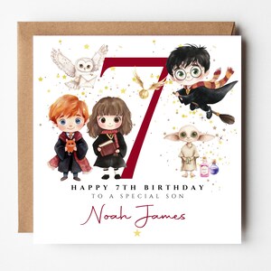 May include: A birthday card featuring illustrations of characters from a popular fantasy series. The card includes the number 7, the text "Happy 7th Birthday To A Special Son", and a personalized name. The card is on a brown background.