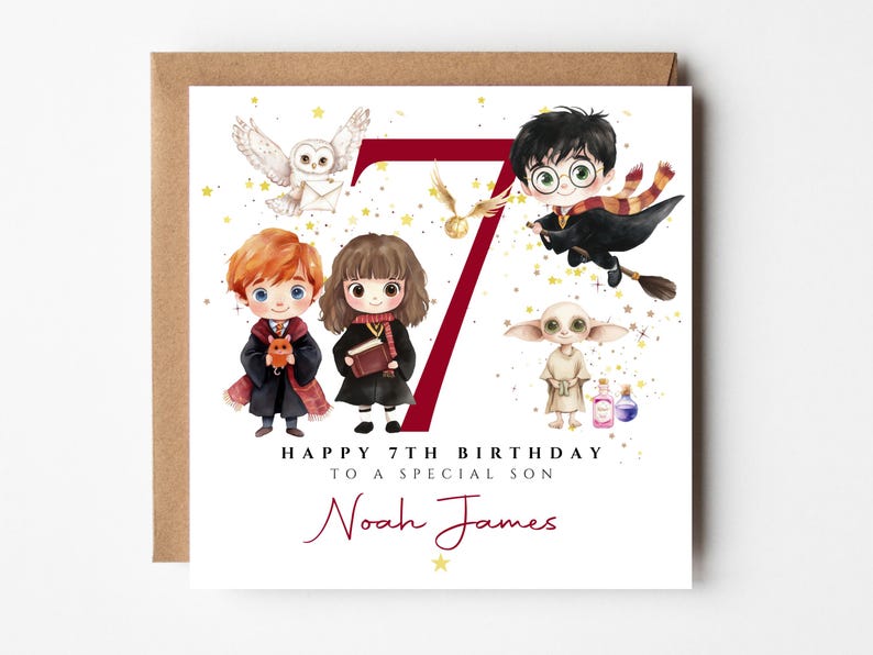 May include: A birthday card featuring illustrations of characters from a popular fantasy series. The card includes the number 7, the text "Happy 7th Birthday To A Special Son", and a personalized name. The card is on a brown background.
