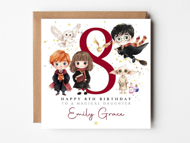 May include: A square birthday card with a brown envelope. The card features illustrations of characters from a fantasy series, a large number 8, and the text "Happy 8th Birthday to a Magical Daughter" and a name.