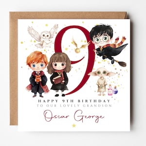 May include: A birthday card featuring illustrations of characters from a fantasy series. The card has a large number 9 in burgundy, with the text "Happy 9th Birthday to our lovely grandson Oscar George". The card is on a brown envelope.