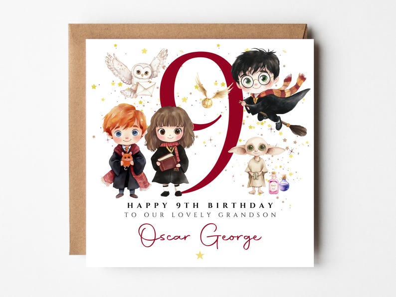 May include: A birthday card featuring illustrations of characters from a fantasy series. The card has a large number 9 in burgundy, with the text "Happy 9th Birthday to our lovely grandson Oscar George". The card is on a brown envelope.