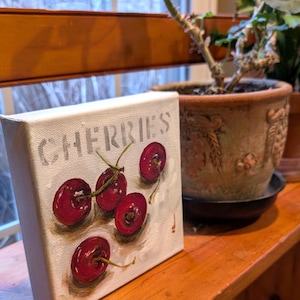Cherries original oil painting on canvas block
