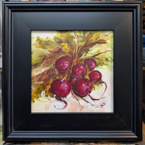 Original still life oil painting of radishes, framed