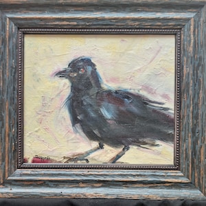 Original stylistic oil painting of a crow, framed