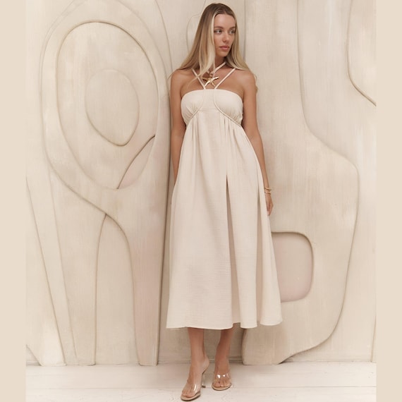 Handmade Beige Linen Maxi Dress, Halter Neck Boho Sundress
