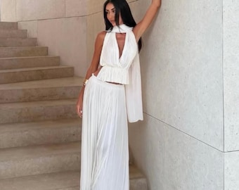 Boho White Viscose Maxi Dress: Flowing Two-Piece Set